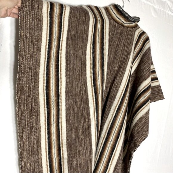 Unisex Brown Tan Striped Woven Alpaca Wool Poncho - Picture 6 of 11